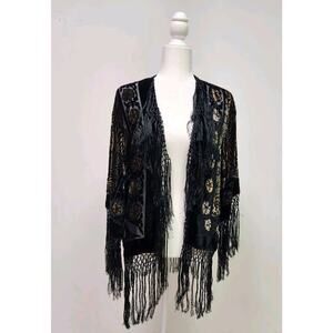 Aris A Vintage Piano Fringe Velvet Burnout Kimono Black & Amber OS Boho